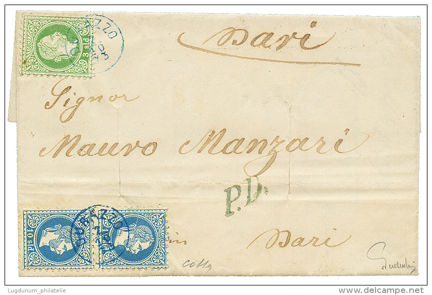 DURAZZO - ALBANIA : 1873 3 Soldi + Pair 10 Soldi Canc. DURAZZO In Blue On Entire Letter To ITALY. Signed COLLA &amp; FER - Other & Unclassified