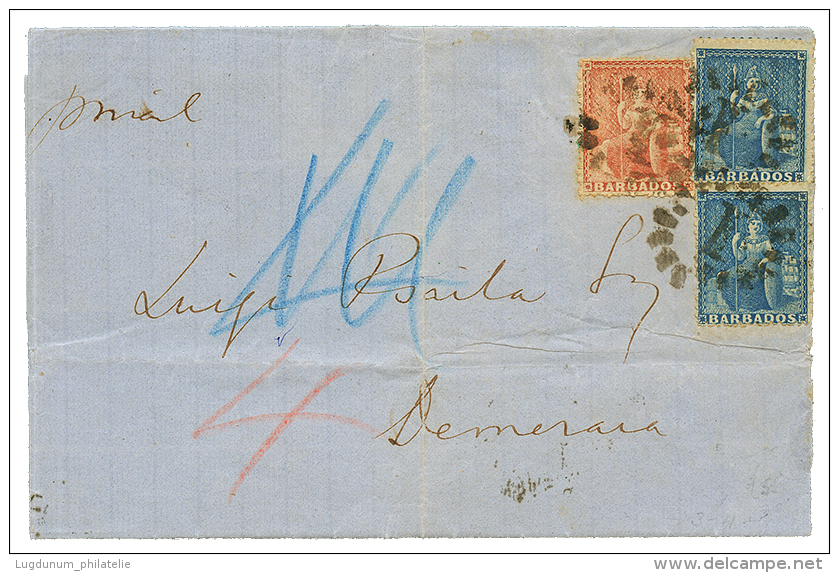BARBADOS : 1871 1d(x2)+ 4d Canc. I + BARBADOS(verso) On Entire Letter To DEMERARA (BRITISH GUIANA). Vvf. - Barbados (1966-...)