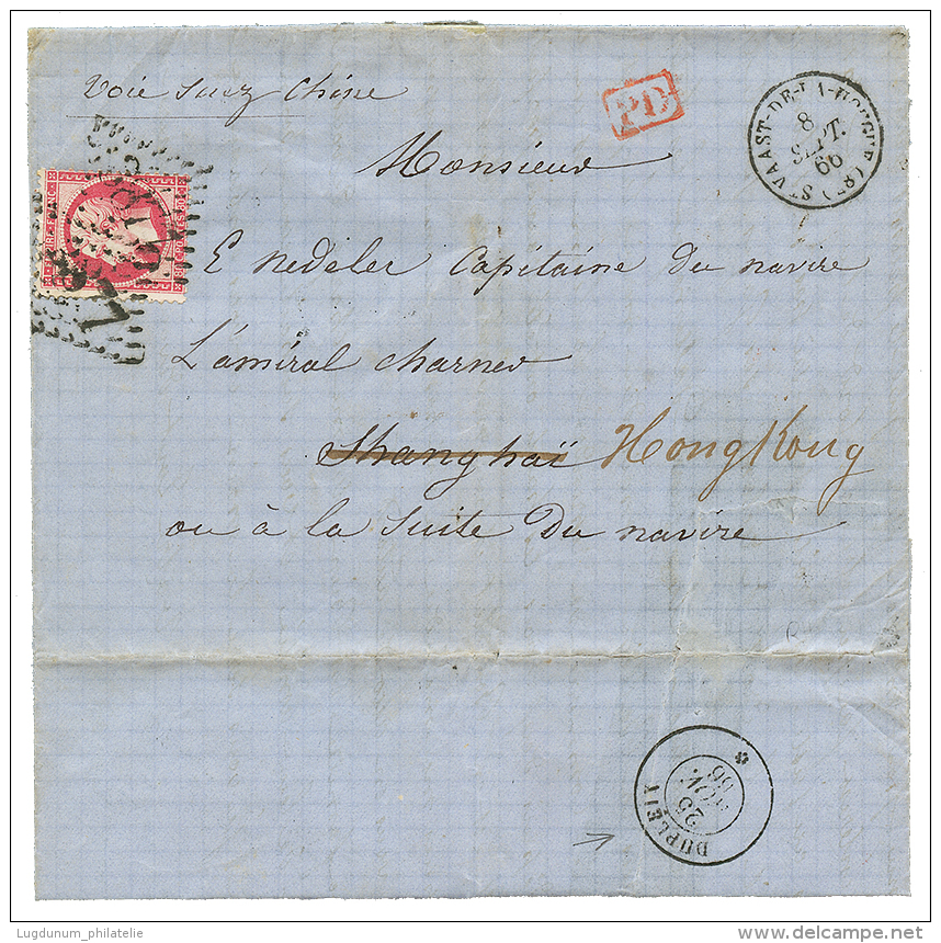 "CHINA - Paquebot DUPLEIX" : 1866 FRANCE 80c On Entire Letter(fault) To SHANGHAI Redirected To HONG-KONG. Verso, Extreme - Sonstige & Ohne Zuordnung