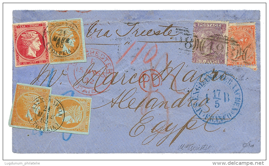 EGYPT - GREEK POST OFFICE : 1865 GREAT BRITAIN 4d + 6d Canc. 493 + MANCHESTER PAID In Red On Envelope Via "TRIEST" &amp; - Other & Unclassified