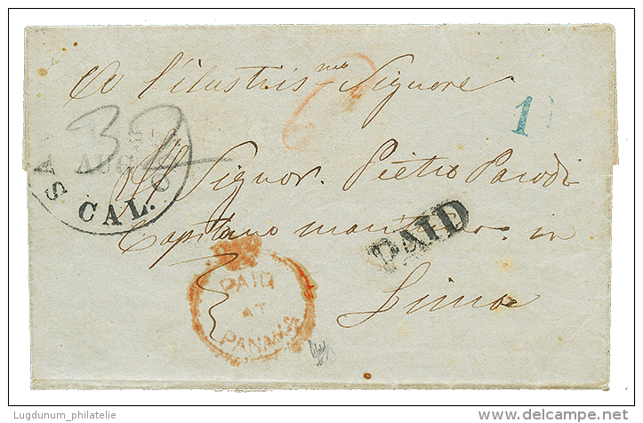 1853 PAID AT PANAMA On Cover To LIMA(PERU). Verso, Superb British Cds PANAMA. HOLCOMBE Certificate(1989). Scarce. Vf. - Sonstige & Ohne Zuordnung