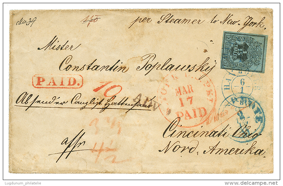 HANNOVER : 1/15 THALER Nice Margins Canc. HANNOVER + PAID On Cover To CINCINATI(USA). Verso, Boxed Cachet BREMEN. Vf. - Sonstige & Ohne Zuordnung