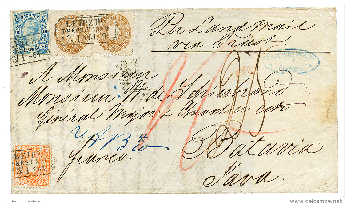 SACHSEN To NETHERLANDS INDIES : 1864 10 Gr + 1/2g+ 3g(x2) Canc. LEIPZIG + "25" Tax Marking + Via TRIESTE On Entire Lette - Other & Unclassified