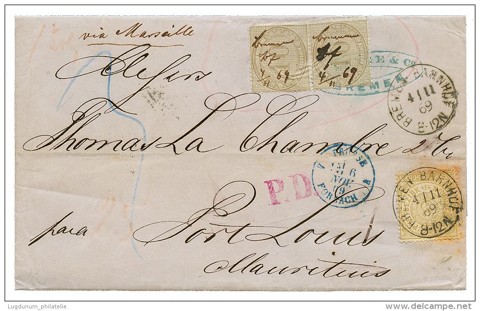 "NORTH GERMAN CONFEDERATION To MAURITIUS" : 1869 North German Confederation 5g(slight Toning) + 10 GROSCHEN(x2) On Entir - Other & Unclassified