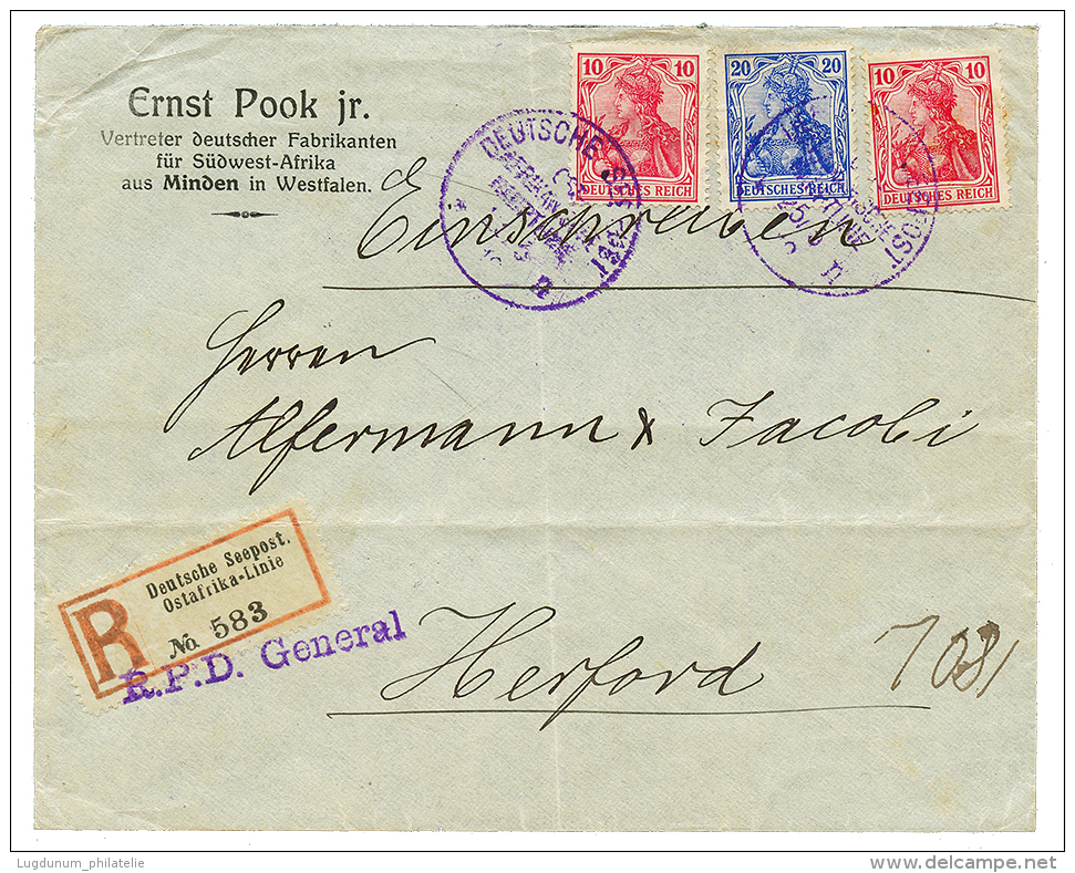 DSWA : 1912 GERMANIA 10pf(x2) + 20pf Canc. DEUTSCHE SEEPOST OST AFRIKANISCHE HAUPTLINIE II In Blue On REGISTERED Envelop - Other & Unclassified