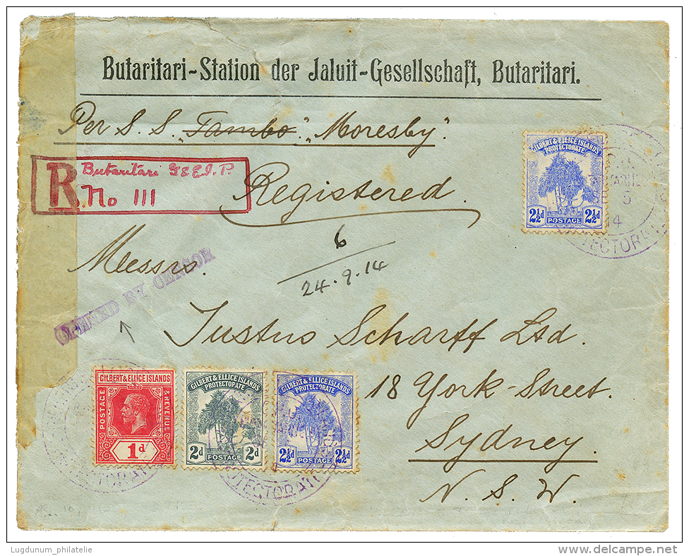 "BUTARITARI - STATION DER JALUIT - GESELLSCHAFT" : 1914 GILBERT &amp; ELLICE 1d+ 2d+ 2 1/2d(x2) + OPENED BY CENSOR On RE - Other & Unclassified