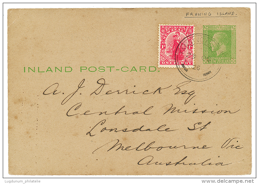 FANNING ISLAND : 1926 NEW ZEALAND P./Stat + 1d Canc. FANNING ISLAND To AUSTRALIA. Vf. - Sonstige & Ohne Zuordnung