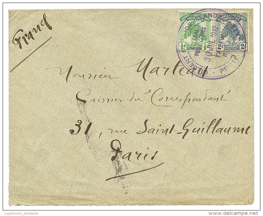 GILBERT &amp; ELLICE - TARAWA : 1912 1/2d + 2d Canc. TARAWA ISLAND On Envelope To FRANCE. Scarce. Vvf. - Sonstige & Ohne Zuordnung