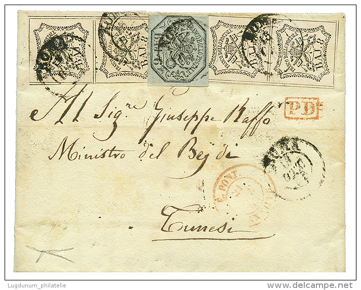 PAPAL STATES To TUNISIA : 1853 6B + 8B(x4) Canc. ROMA On Entire Letter To TUNISIA. Verso, Cds TUNIS + BONE ALGERIE. Extr - Sonstige & Ohne Zuordnung