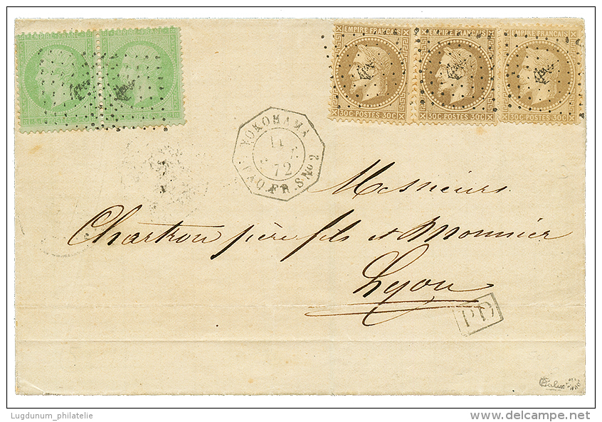 JAPAN - FRENCH POST : 1872 FRANCE 5c(x2) + 30c(x3) Canc. ANCHOR + YOKOHAMA PAQ FR S N&deg;2 On Cover From YOKOHAMA To FR - Other & Unclassified