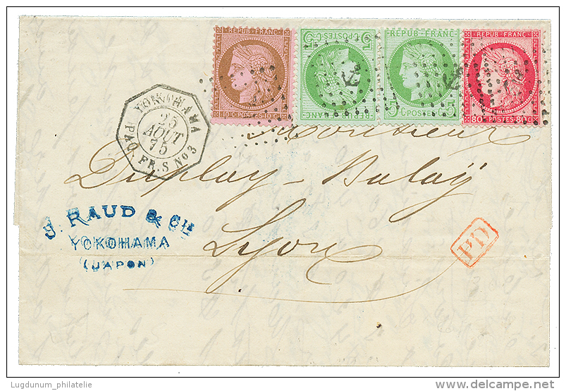 JAPAN : 1875 FRANCE 5c(x2) + 10c + 80c CERES Canc. ANCHOR + YOKOHAMA PAQ FR S N&deg;3 On Entire Letter From YOKOHAMA To - Sonstige & Ohne Zuordnung