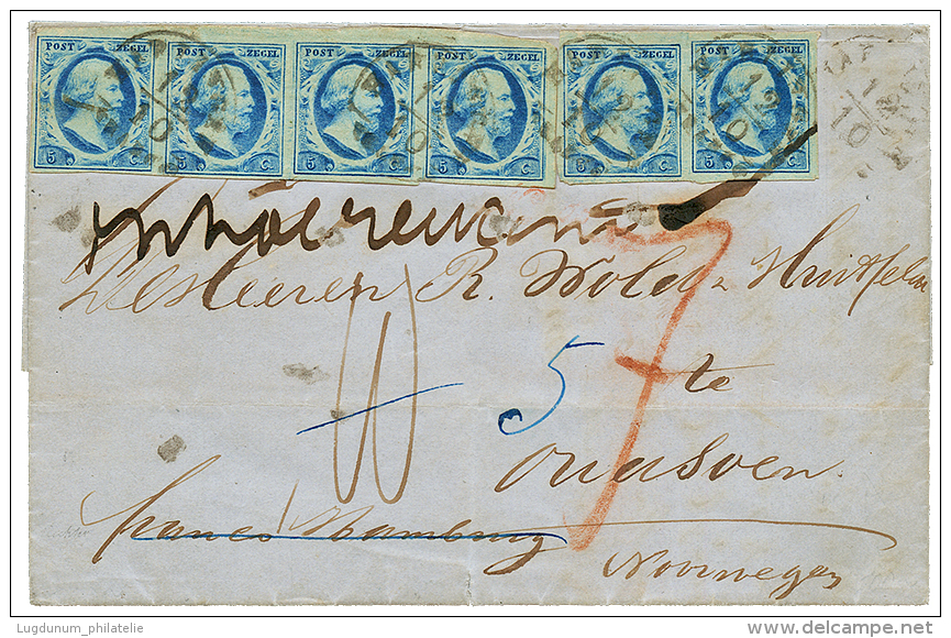 NETHERLANDS To NORWAY : 1858 5c Blue Strip Of 4 + Pair Canc. HARLINGEN Via GERMANY To NORWAY. Verso, KOPA HAMBURG + MOSS - Other & Unclassified