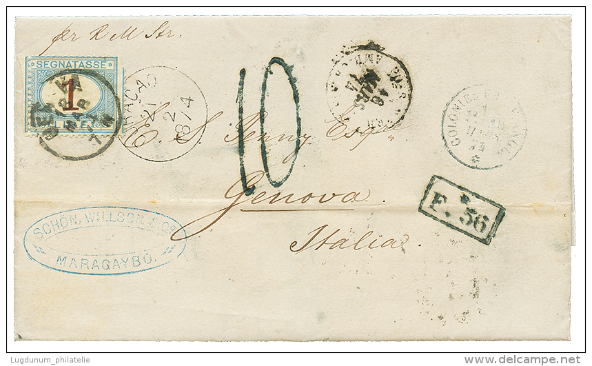 CURACAO : 1874 CURACAO + F.56 Exchange Marking+ "10" Tax Marking + 1 LIRE ITALIAN POSTAGE DUE(small Fault) On Entire Let - Niederländische Antillen, Curaçao, Aruba