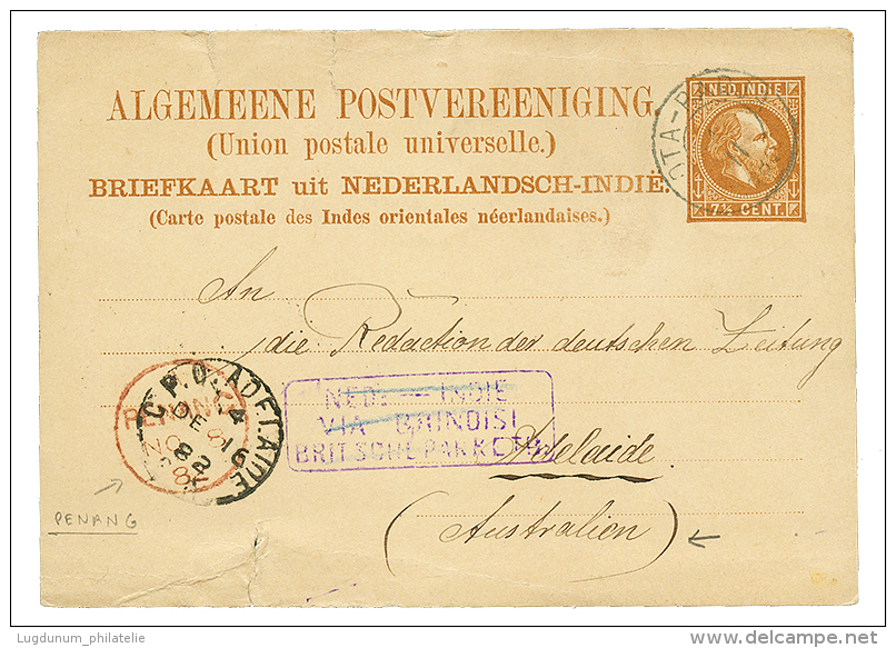 "NETHERLAND INDIES To AUSTRALIA" : 1885 P./Stat(tears) 7 1/2c Datelined "ANAGALOE&Euml;NG" Canc. KOTA-BARJA + Red Cachet - Niederländisch-Indien