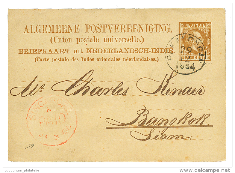 "NETHERLAND INDIES To THAILAND" : 1884 P./Stat 7 1/2c Canc. PEKMONGAN + Red Large Cachet SINGAPORE PAID To BANGKOK(SIAM) - Niederländisch-Indien