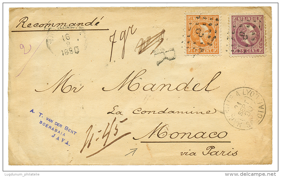"NETHERLAND INDIES To MONACO" : 1890 10c + 25c On REGISTERED Envelope To MONACO. Vvf. - Netherlands Indies