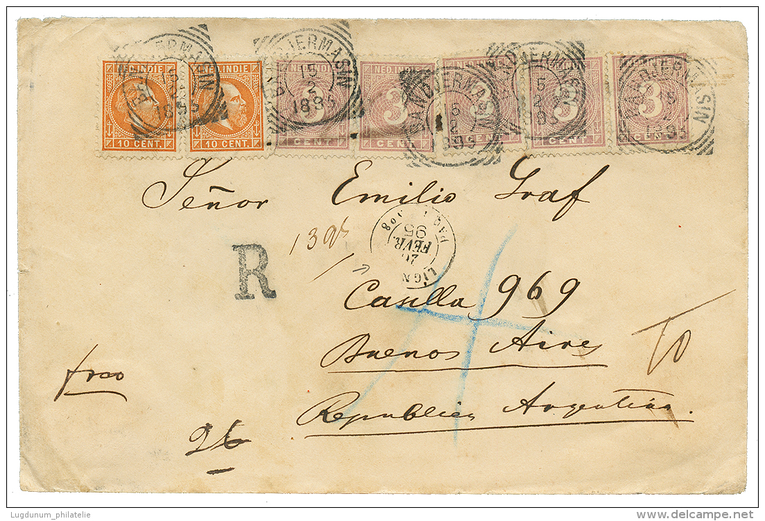 "NETHERLAND INDIES To ARGENTINA" : 1895 10c(x2) + 3c(x5) Canc. BANDJERMASIN + LIGN(E N) PAQ FR N&deg;8 On REGISTERED Env - Niederländisch-Indien