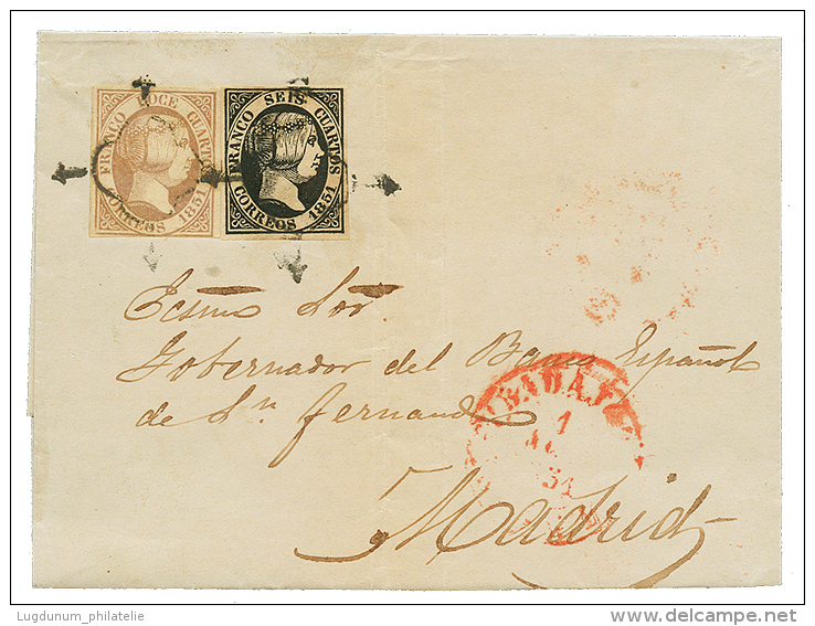 SPAIN : 1851 6c + 12c Canc. On Cover (triple Rate) To MADRID. RARE. COMEX Certificate(1978). Superb. - Mozambique