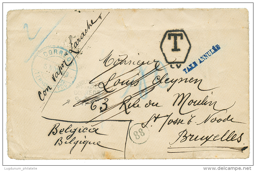 FERNANDO-POO : 1893 CORREOS FERNANDO POO + HABILITADOS 50 CENT-PTA + Rare Blue Cachet TAXE ANNULE On Envelope To BRUXELL - Sonstige & Ohne Zuordnung