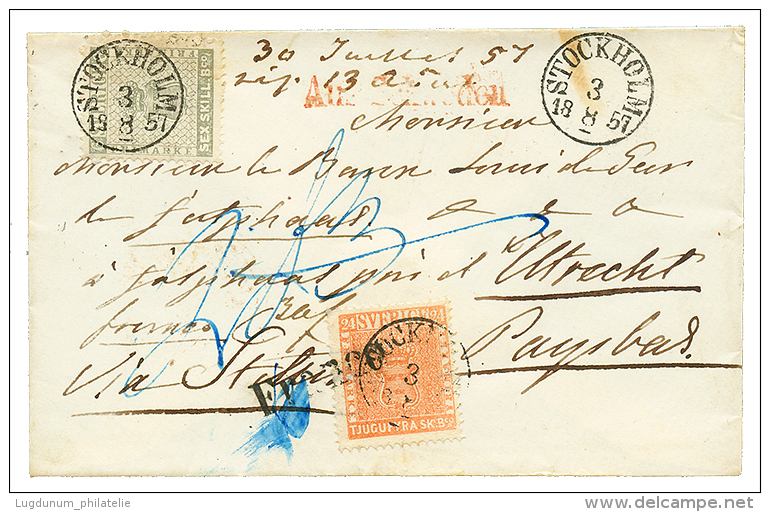 SWEDEN : 1857 6 SKILLING + 24 SKILLING With Strong Color Canc. STOCKHOLM On Envelope To UTRECHT(NETHERLANDS). RARE. Supe - Other & Unclassified