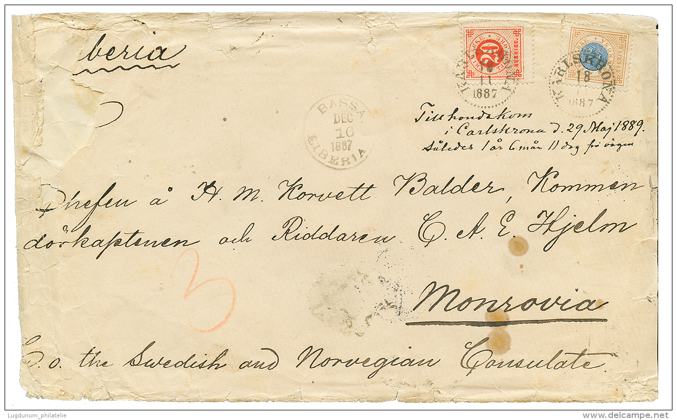 SWEDEN To LIBERIA : 1887 1 KRONA + 20 Ore Canc. KARLSKRONA + BASSA LIBERIA On Envelope(faults) With Full Text To MONROVI - Other & Unclassified