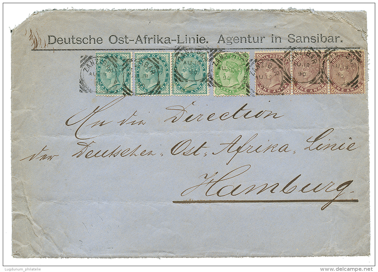 ZANZIBAR : 1890 INDIA 1/2a(x3) + 1a(x3) + 4a 6p Canc. ZANZIBAR On Envelope To HAMBURG. Scarce. Vf. - Zanzibar (1963-1968)