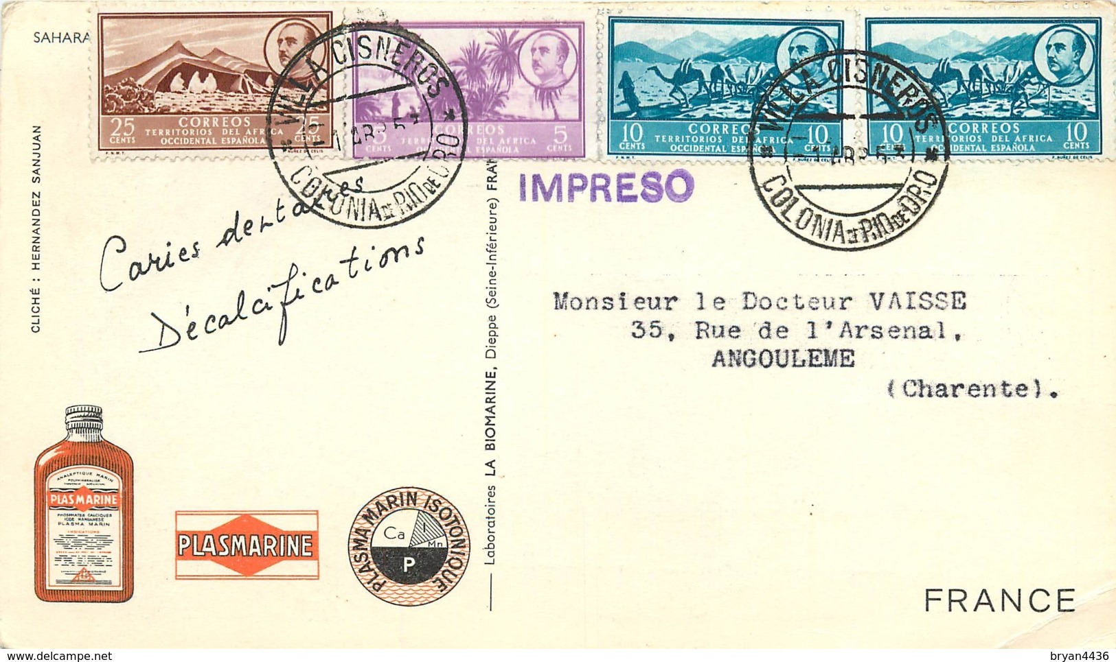 SAHAR - AFRIQUE OCCIDENTALE - 1953 - CORRESPONDANCE -  CARTE  BEDOIN  -  OBLITERATION SUR 4 TIMBRES  "FRANCO". - Asturias & Leon
