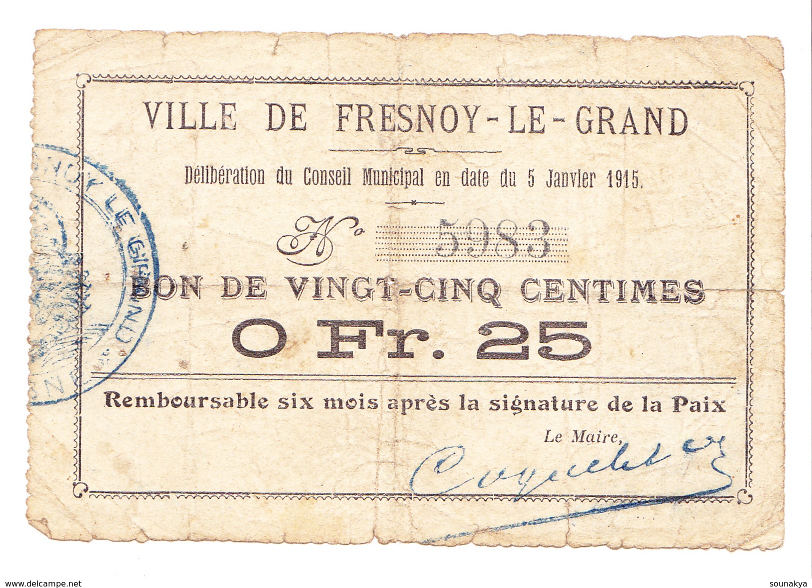 Bon De25c Ville De FRESNOY-LE-GRAND 5 Janvier 1915 - Bons & Nécessité