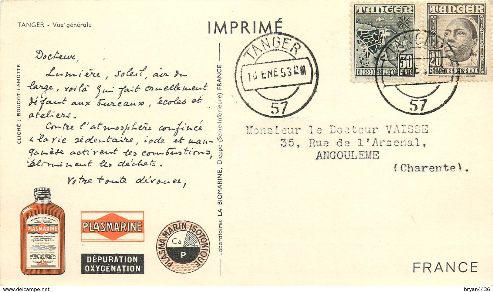 TANGER - MAROC ESPAGNOL - 1953 - CORRESPONDANCE -  CARTE  TANGER  -  BELLE OBLITERATION SUR 2 TIMBRES . - Asturies & Leon