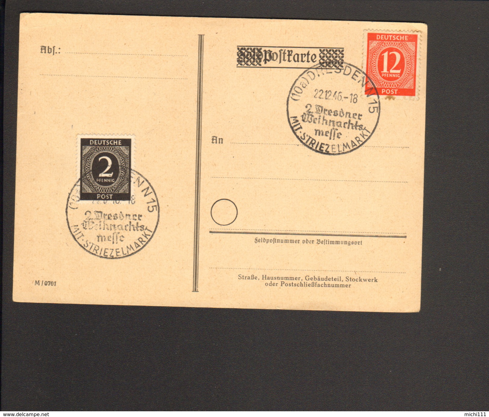 Alli.Bes.Dresden Stempel 2.Weihnachtsmesse Mit Striezelmarkt Von 1946 Auf Blanko Postkarte M.2 U.12 Pfg Ziffer - Otros & Sin Clasificación