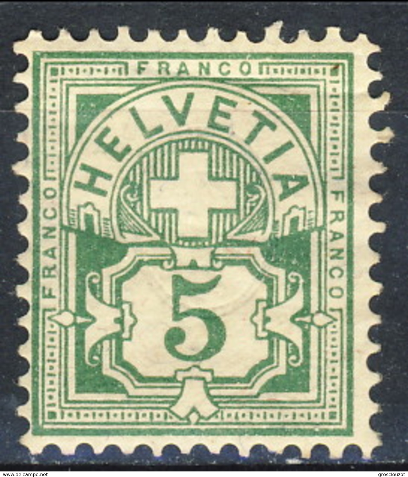 Svizzera 1882-99 N. 66 C. 5 Verde Carta Con Fili Seta Rossi E Azzurri Fil. 1 MH Cat. &euro; 12 - Ungebraucht