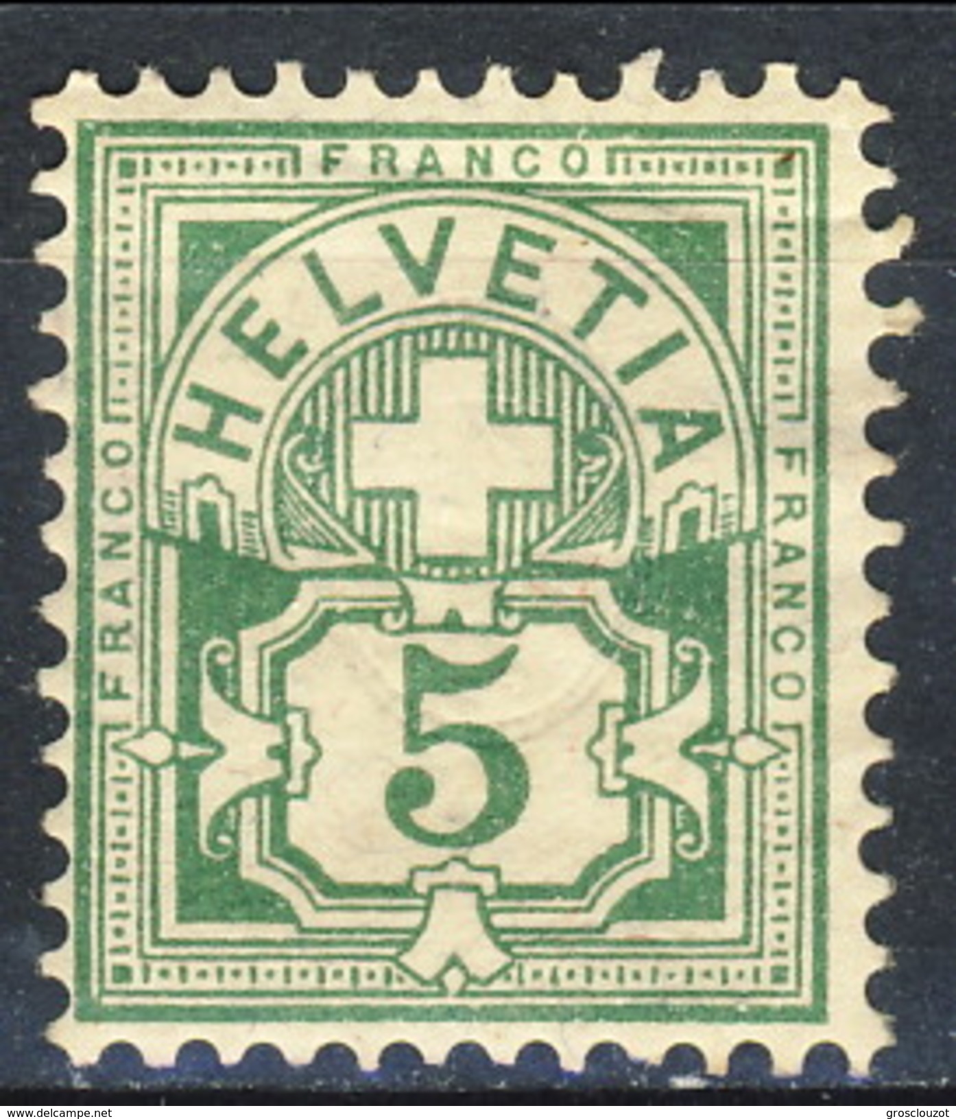 Svizzera 1882-99 N. 66 C. 5 Verde Carta Con Fili Seta Rossi E Azzurri Fil. 1 MH Cat. &euro; 12 - Nuovi