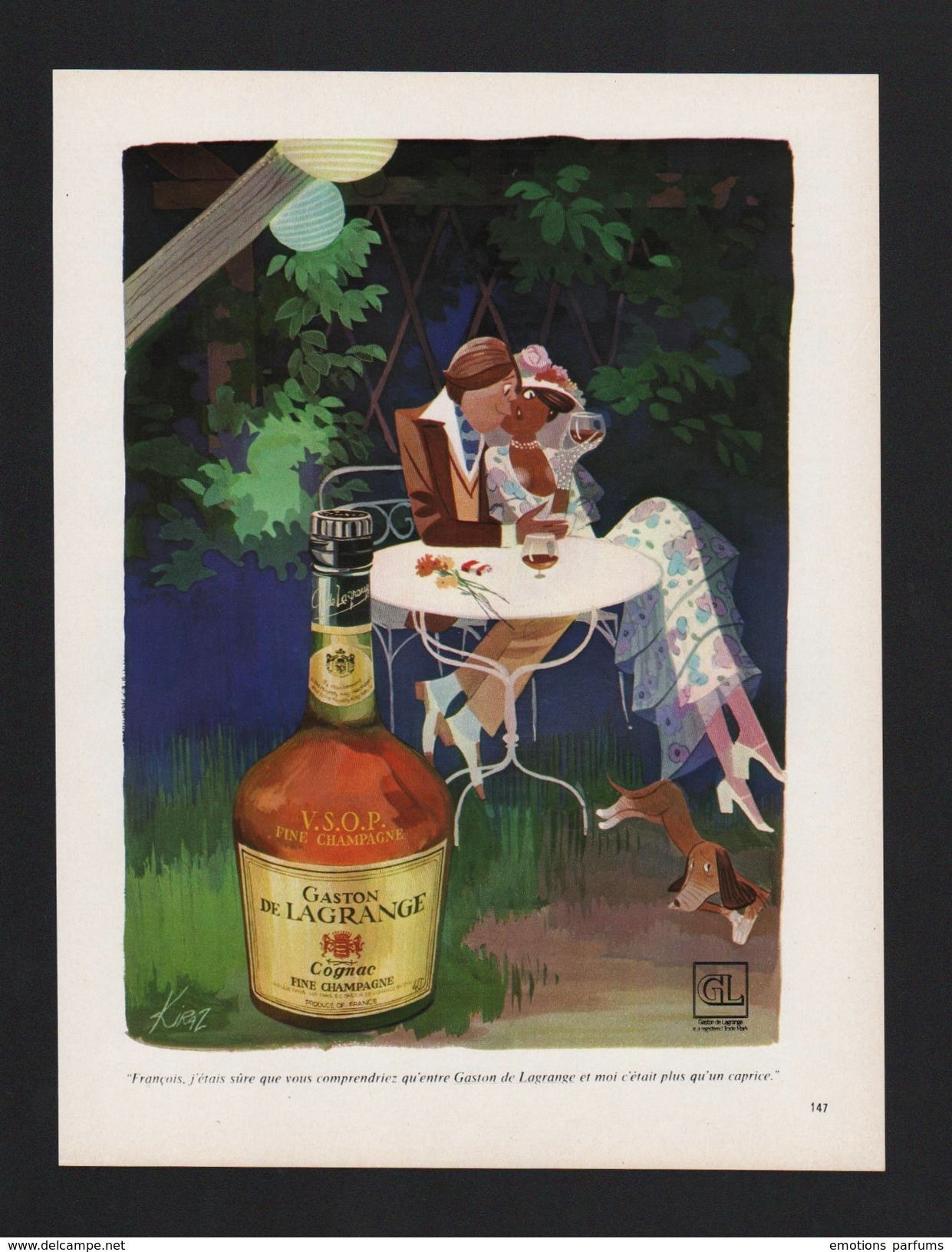 Pub Papier 1974 Humour KIRAZ Cognac Gaston De Lagrange Couple Femme Pin Up Chien Teckel - Advertising