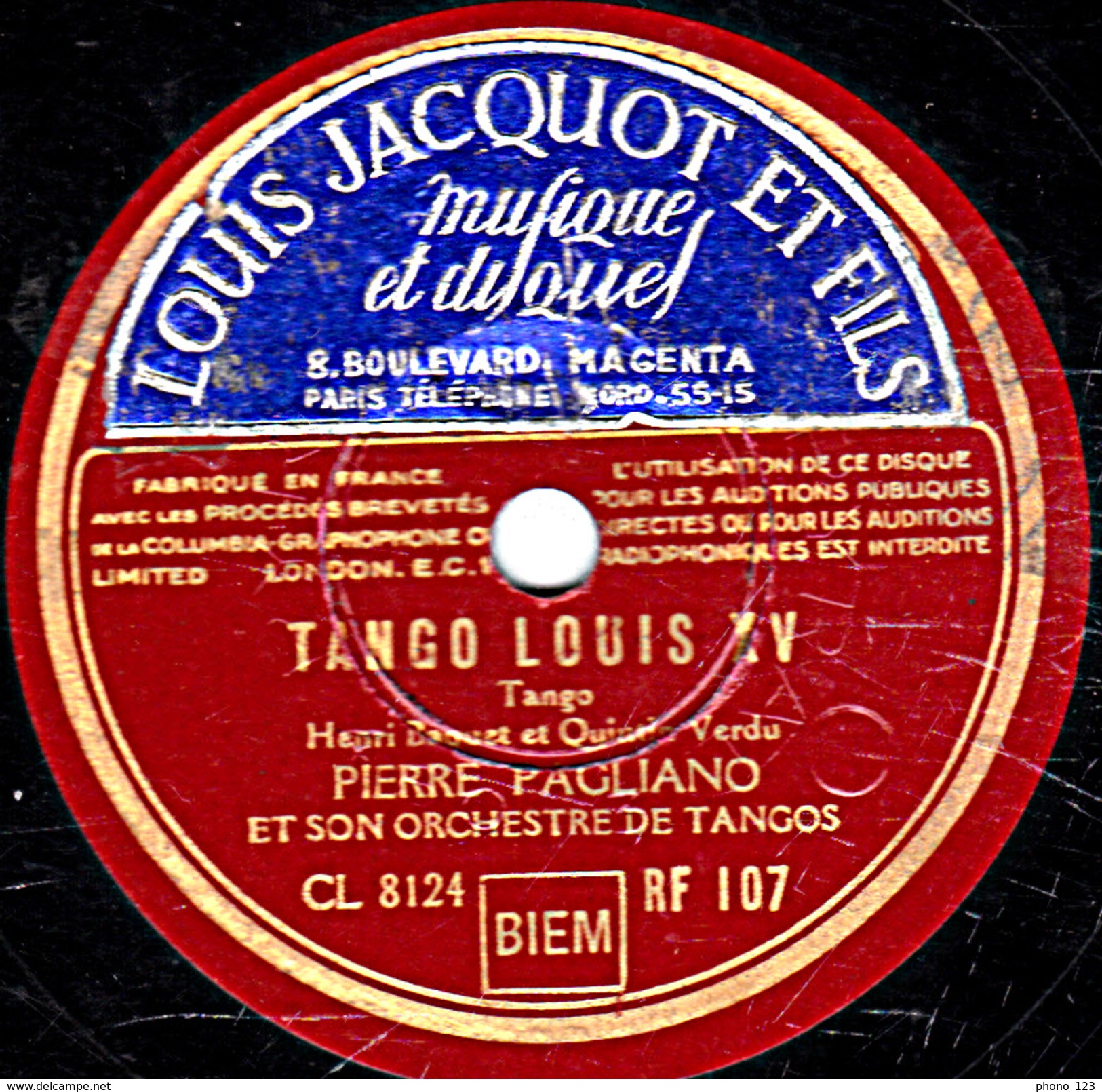 78 T. - 25 Cm - état  B - ORCH. De TANGOS PIERRE PAGLIANO - EL CABRERO - TANGO LOUIS XV - 78 T - Disques Pour Gramophone