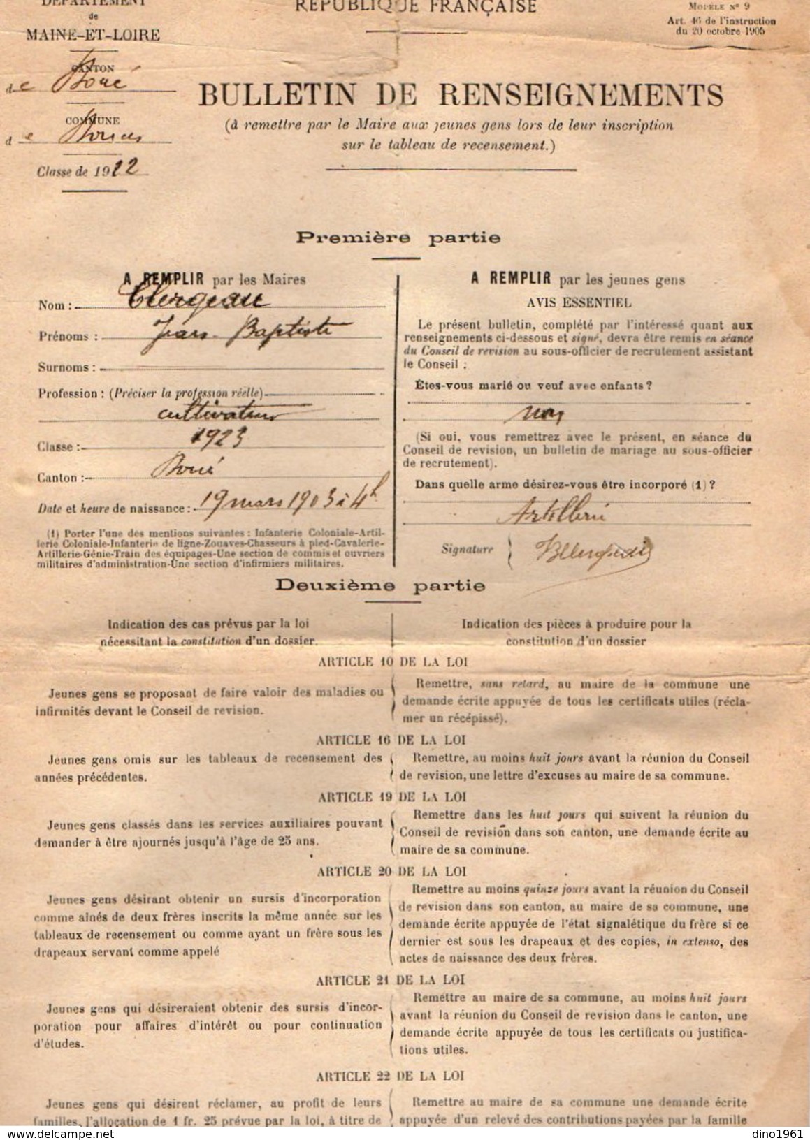 VP7362 - MILITARIA - DOUE LA FONTAINE - Recensement - Bulletin De Renseignement Concernant Mr J.B CLERGEAU - Documenti