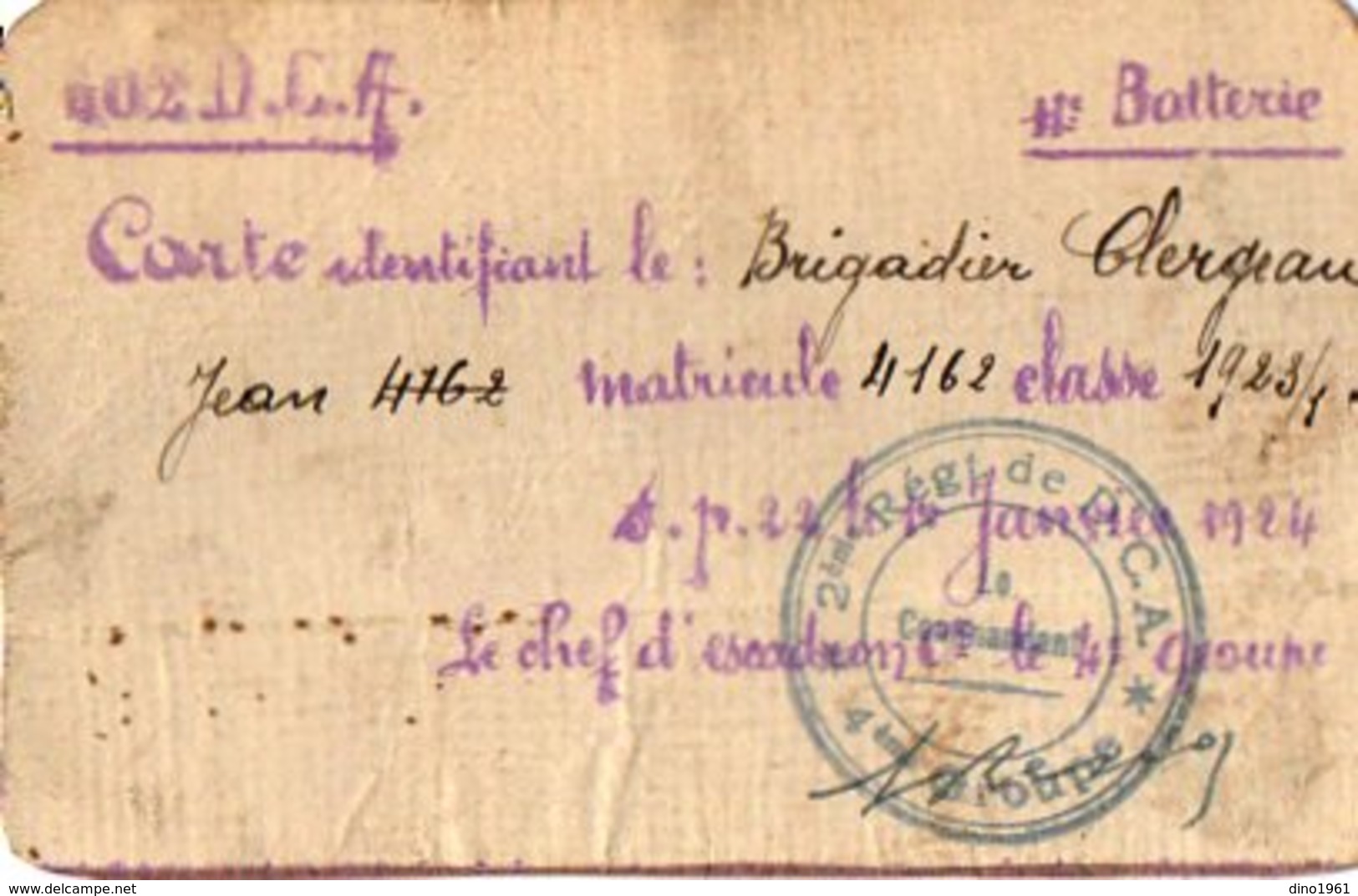 VP7363 - MILITARIA - Carte Identifiand Le Brigadier  J.B CLERGEAU Au 2 ème Rgt De D.C.A 4 ème Groupe SP 22 - Documenti