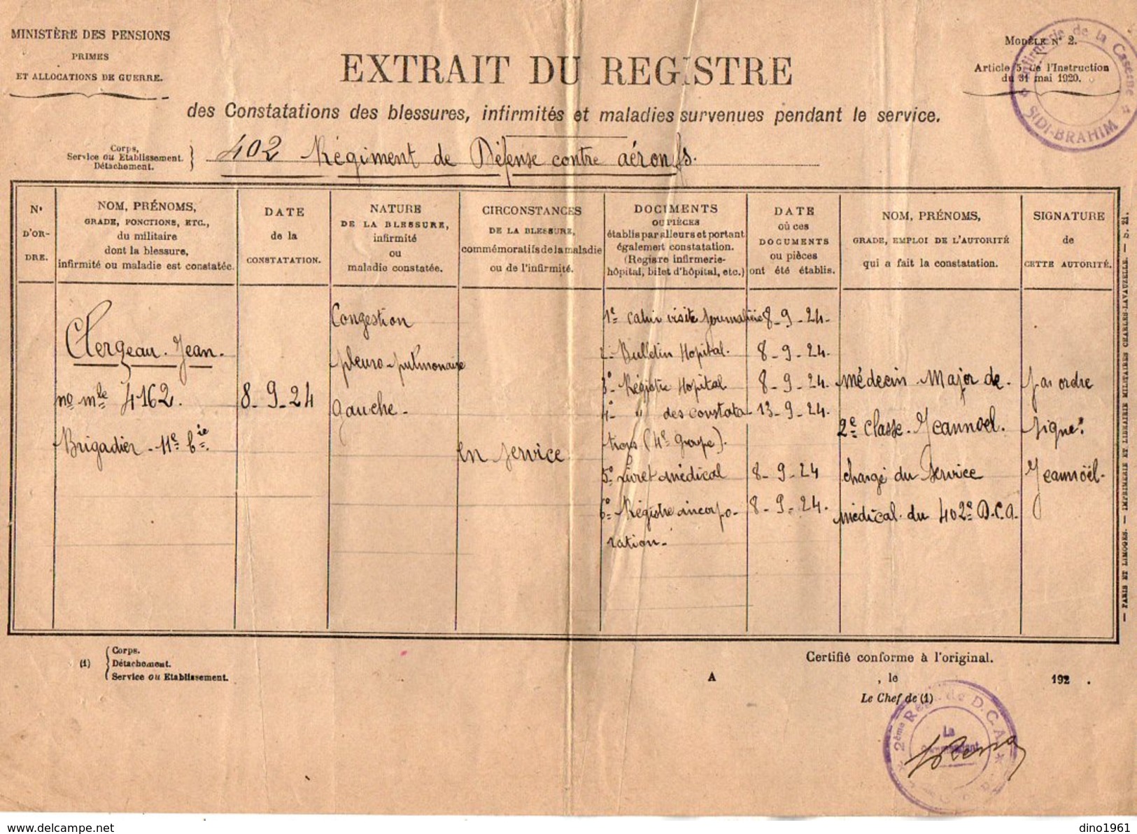 VP7370 - MILITARIA - Infirmerie De La Caserne SIDI - BRAHIM -  Brigadier J.B CLERGEAU Au 402 ème Rgt De D.C.A - Documenti