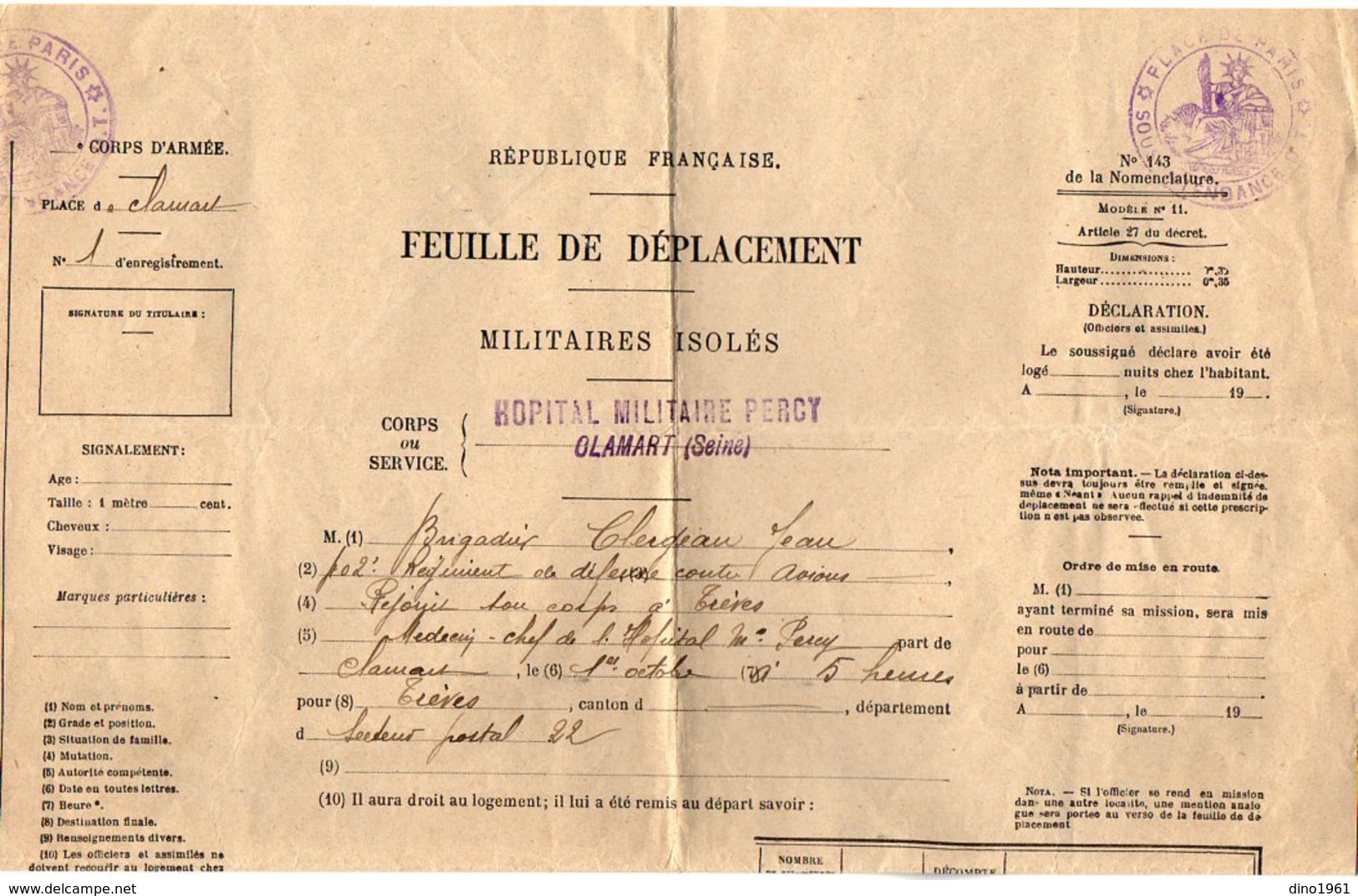 VP7375 - MILITARIA  Feuille De Déplacement Hopital Militaire De CLAMART - Brigadier J.B CLERGEAU Au 402 ème Rgt De D.C.A - Documenti