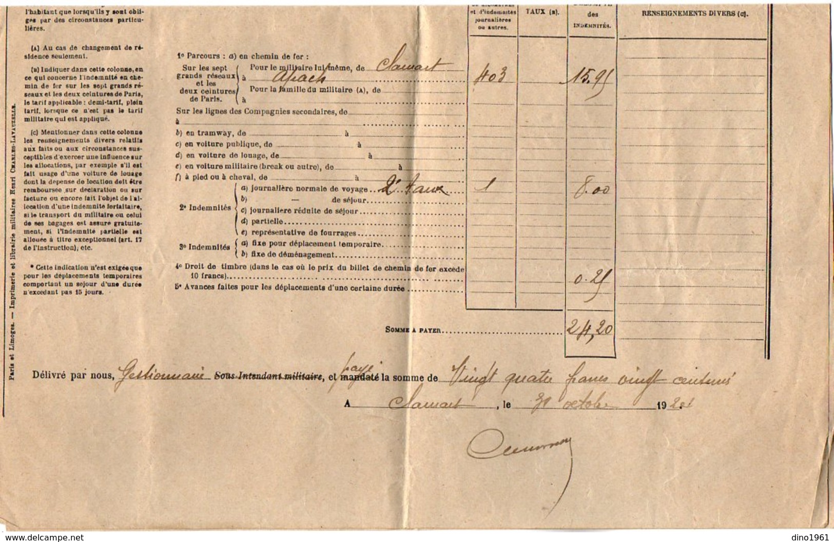 VP7375 - MILITARIA  Feuille De Déplacement Hopital Militaire De CLAMART - Brigadier J.B CLERGEAU Au 402 ème Rgt De D.C.A - Documenti