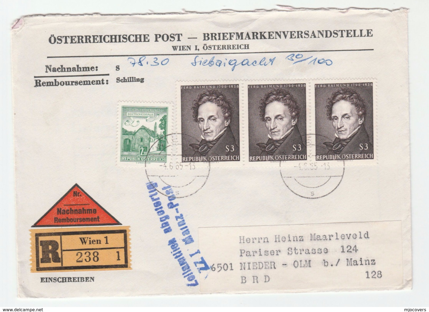 1965 Registered AUSTRIA COVER 3x3s FERDINAND RAIMUND Actor 2.20 Stamps To GERMANY 'Cleared CUSTOMS MAINZcachet Theatre - Covers & Documents