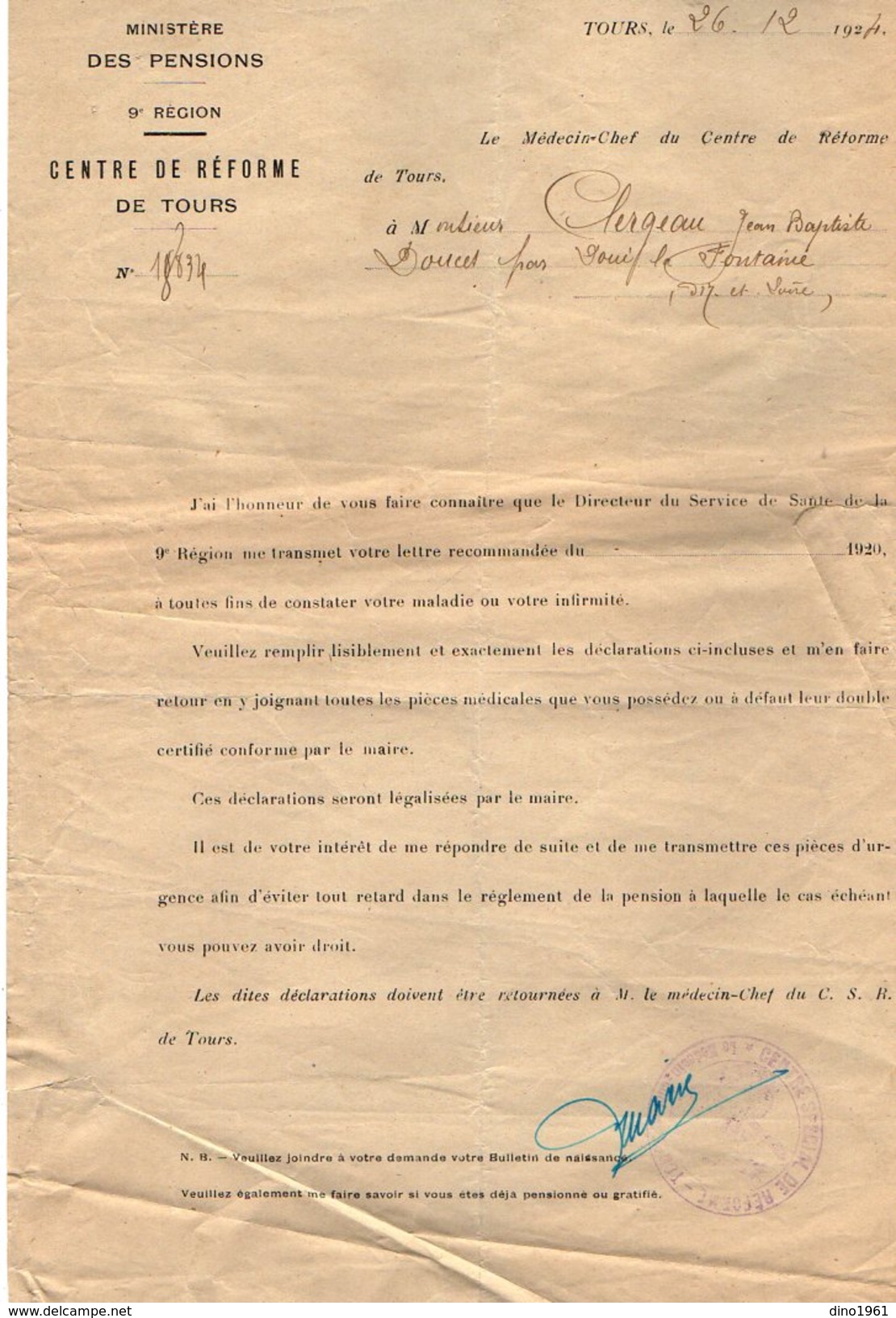 VP7377 - MILITARIA - Lettre Du Centre De Réforme De TOURS à Mr  J.B CLERGEAU à DOUE LA FONTAINE - Documenti