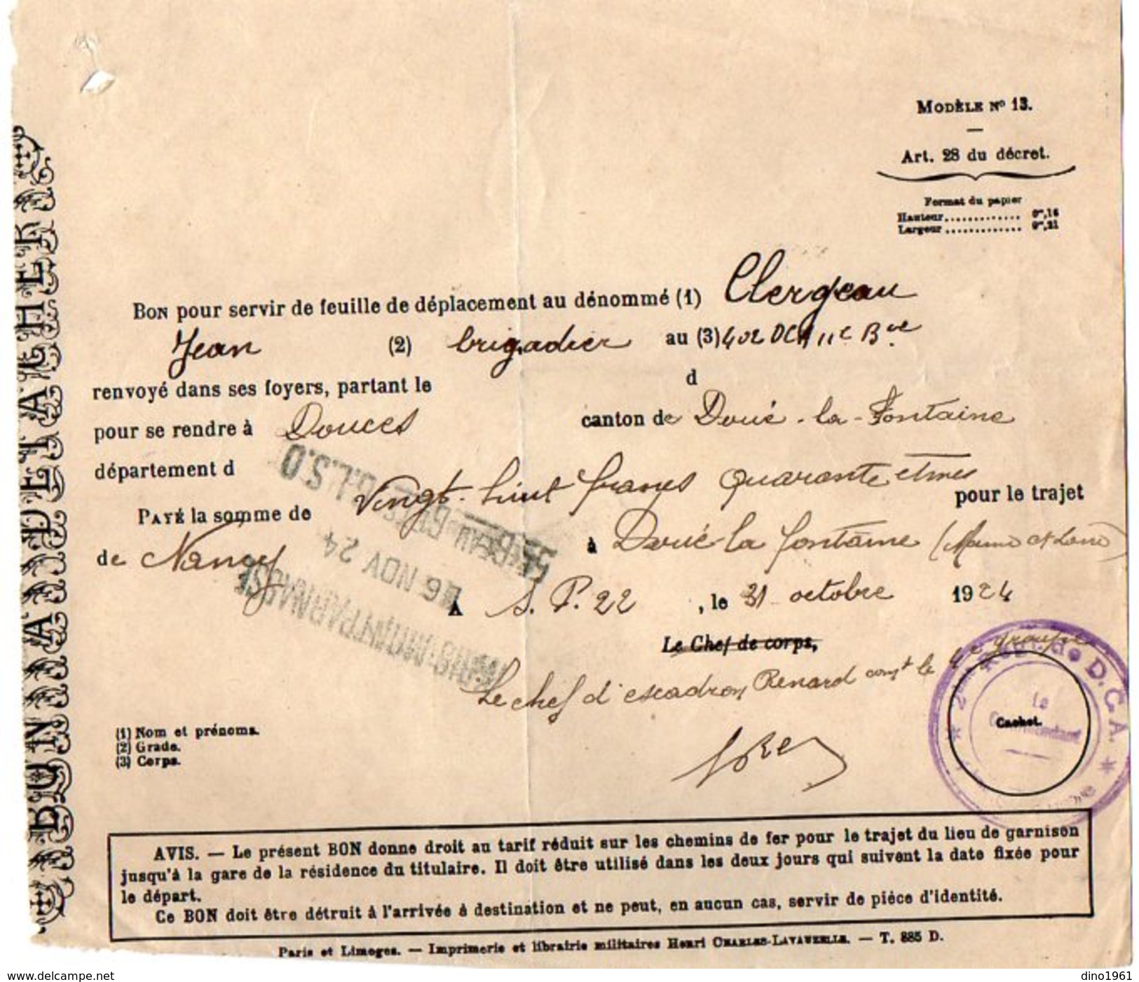 VP7380 - MILITARIA - Feuille De Déplacement Au Brigadier J.B CLERGEAU Au 402 ème Rgt De D.C.A - SP 22 - Documenti