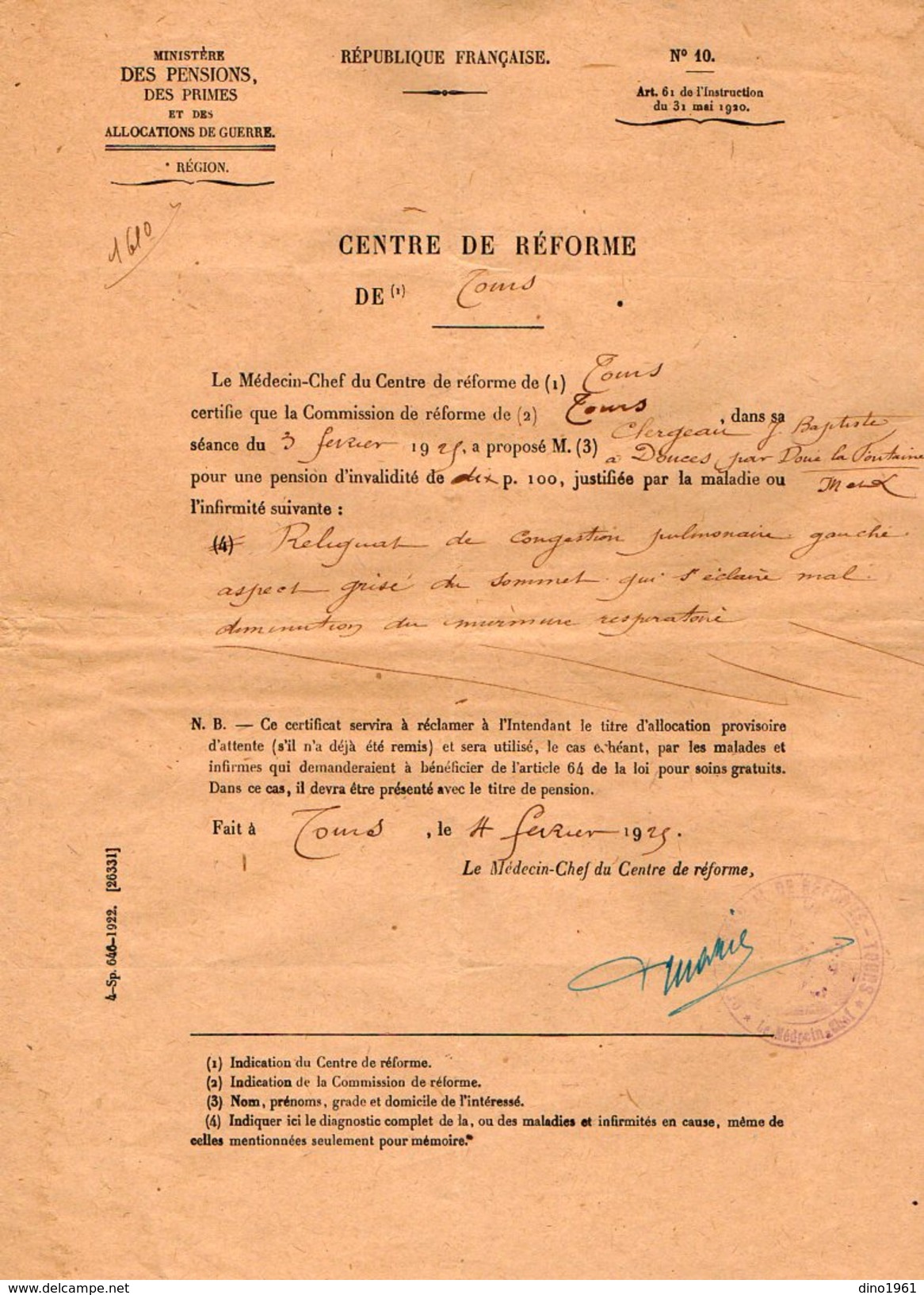 VP7381 - MILITARIA - Lettre Du Centre De Réforme De TOURS Au Brigadier J.B CLERGEAU à DOUE LA FONTAINE - Documenti