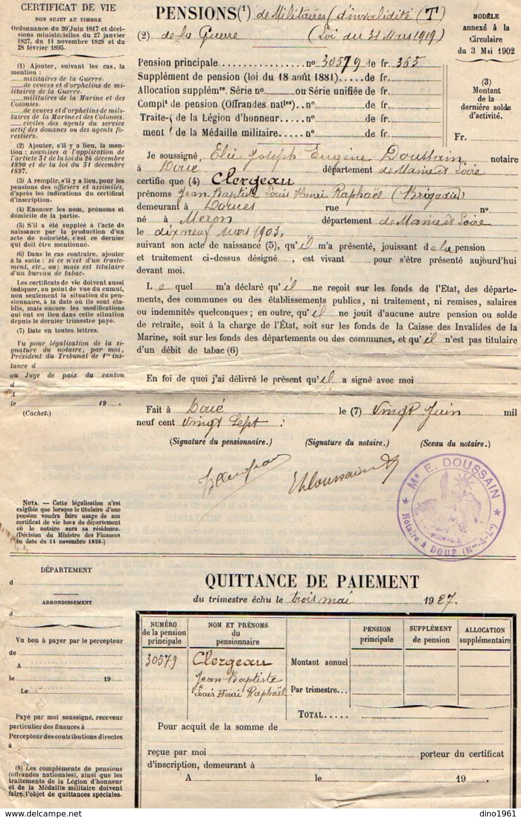 VP7384 - MILITARIA - Certificat De Vie - Pensions De Militaires -  Mr Le Brigadier CLERGEAU à DOUE LA FONTAINE - Documenti