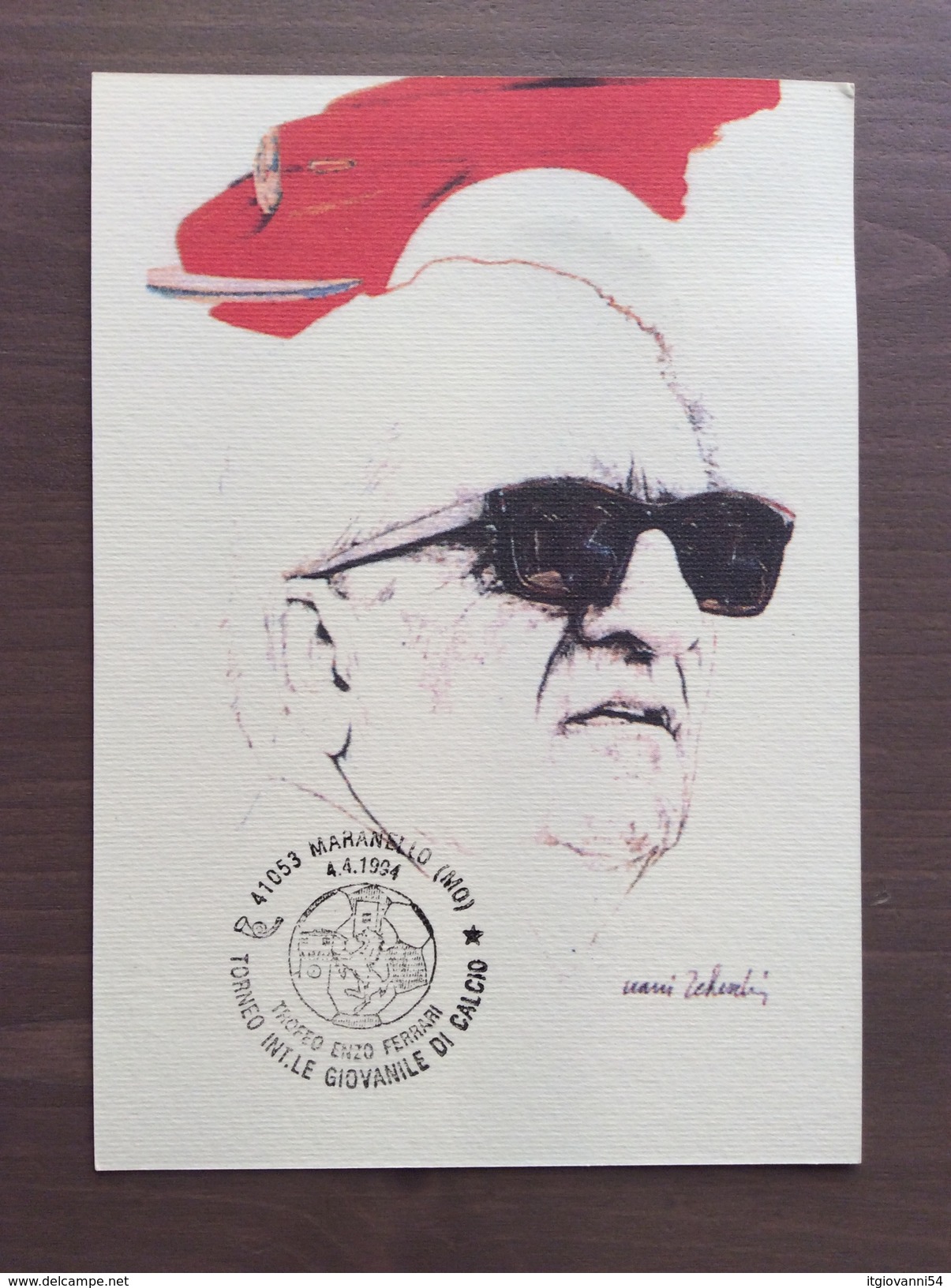 Cartolina Enzo Ferrari, Disegno Nani Tedeschi, Annullo Torneo Int.le Calcio Giovanile Calcio Maranello 4-4-1994 - Grand Prix / F1