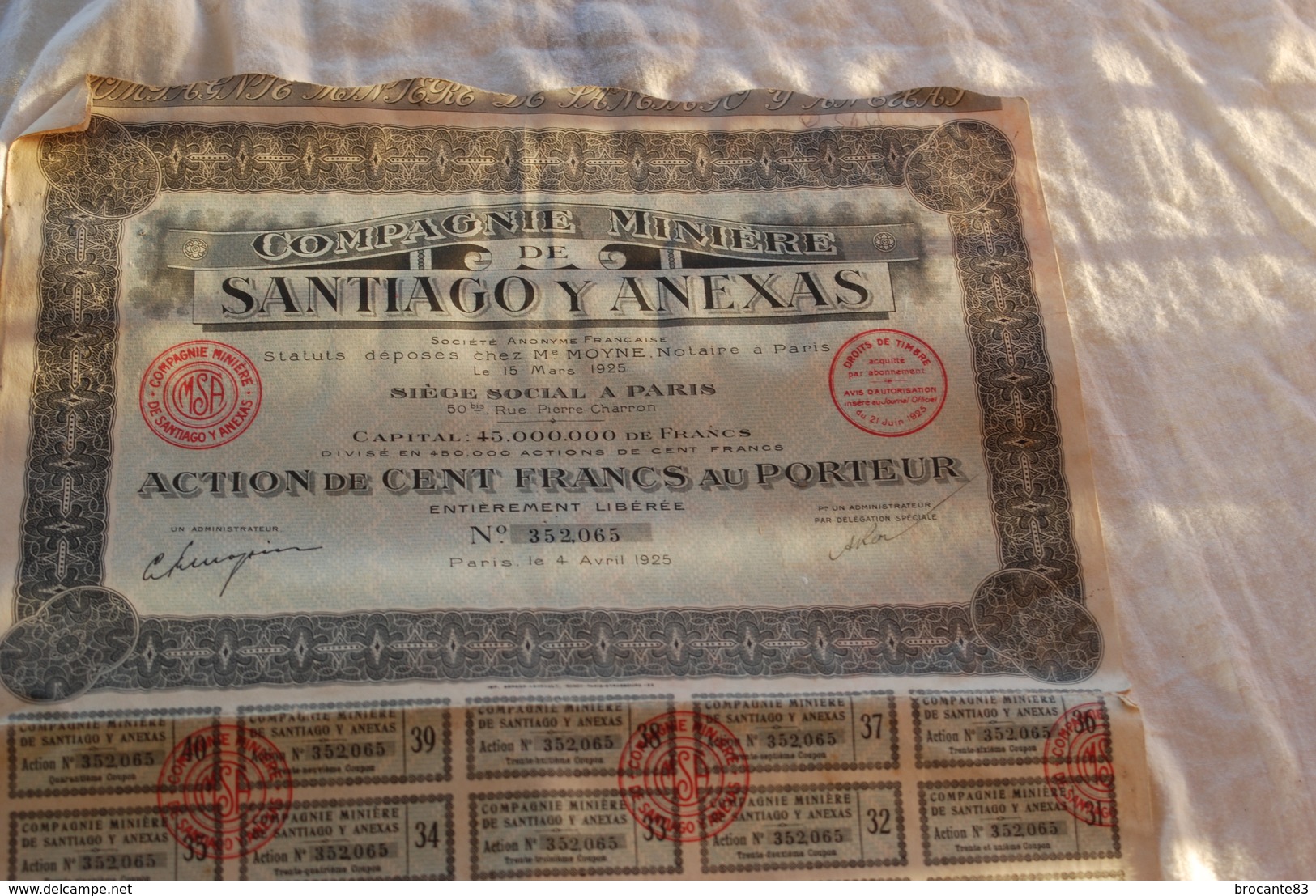 COMPAGNIE MINIERE SANTIAGO Y ANEXAS ACTION DE 100 FRANCS DE 1925 - S - V