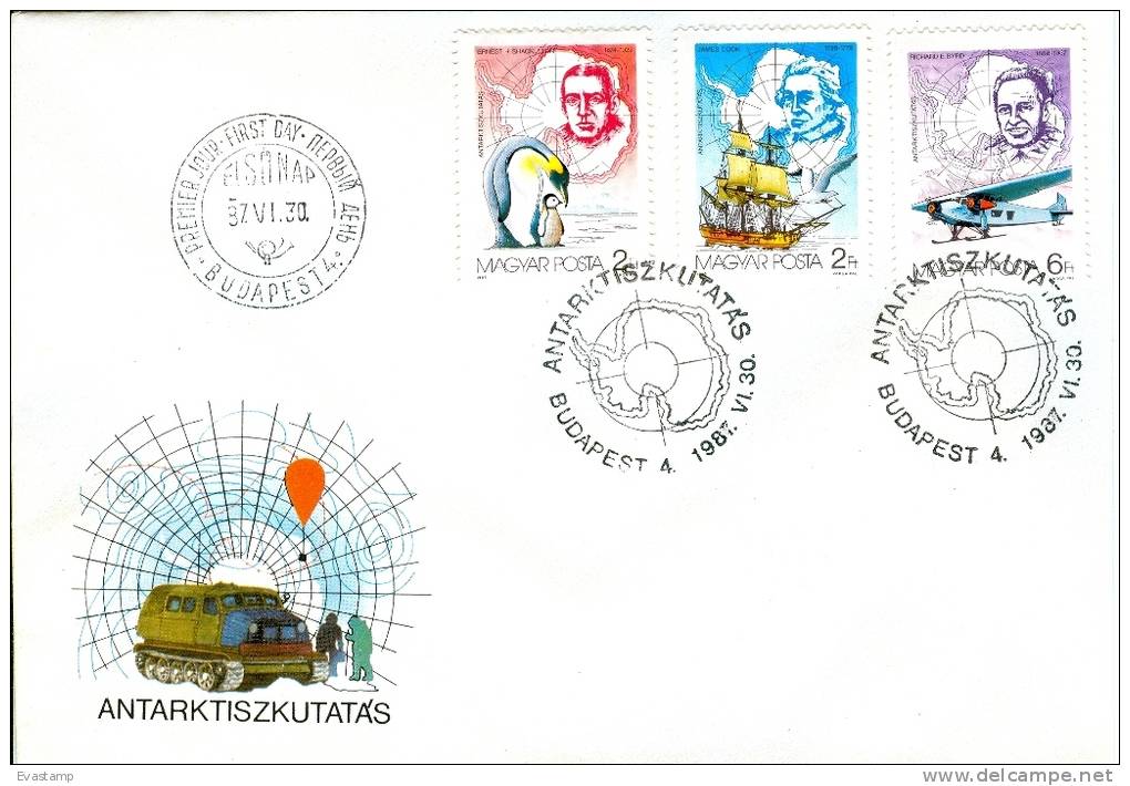 HUNGARY - 1987. FDC - Antarctic Research,75th Anniversary - James Cook,Shackleton,Byrd - Explorateurs & Célébrités Polaires