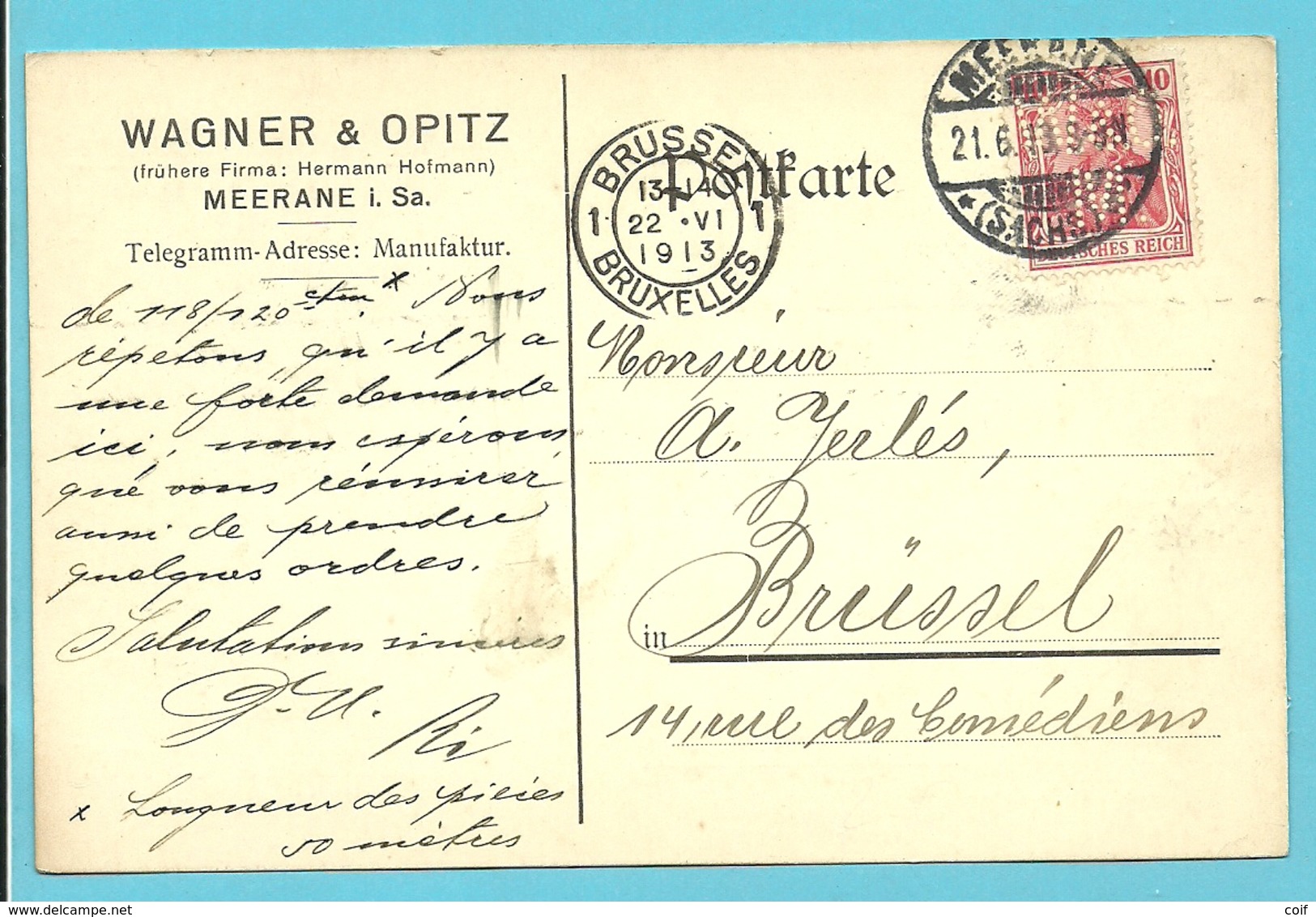 Zegel Met Firmaperforatie (perfin) " W.O.M." Van WAGNER & OPITZ MEERANE " Met Stempel MEERANE Op 21/6/1913 - Briefe U. Dokumente