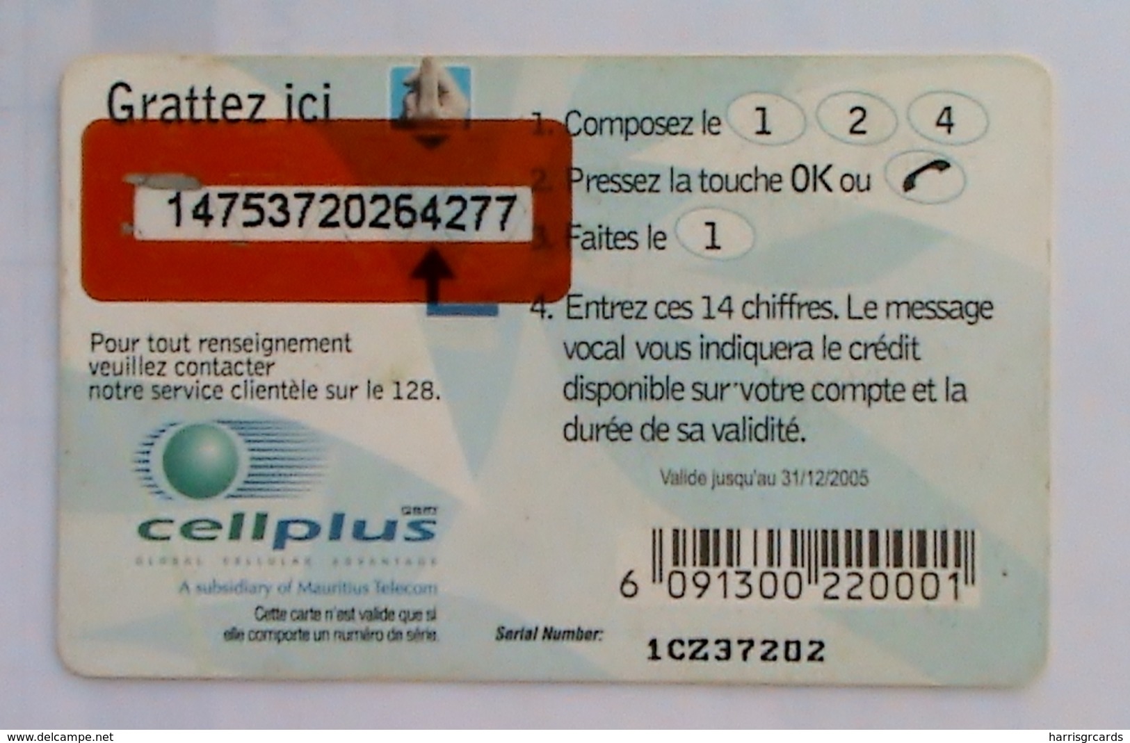 MAURITIUS ISLAND - Two Cellphones, Expiry Date:31/12/2005,Cellplus Complis Recharge, 125 Rs, Used - Mauricio