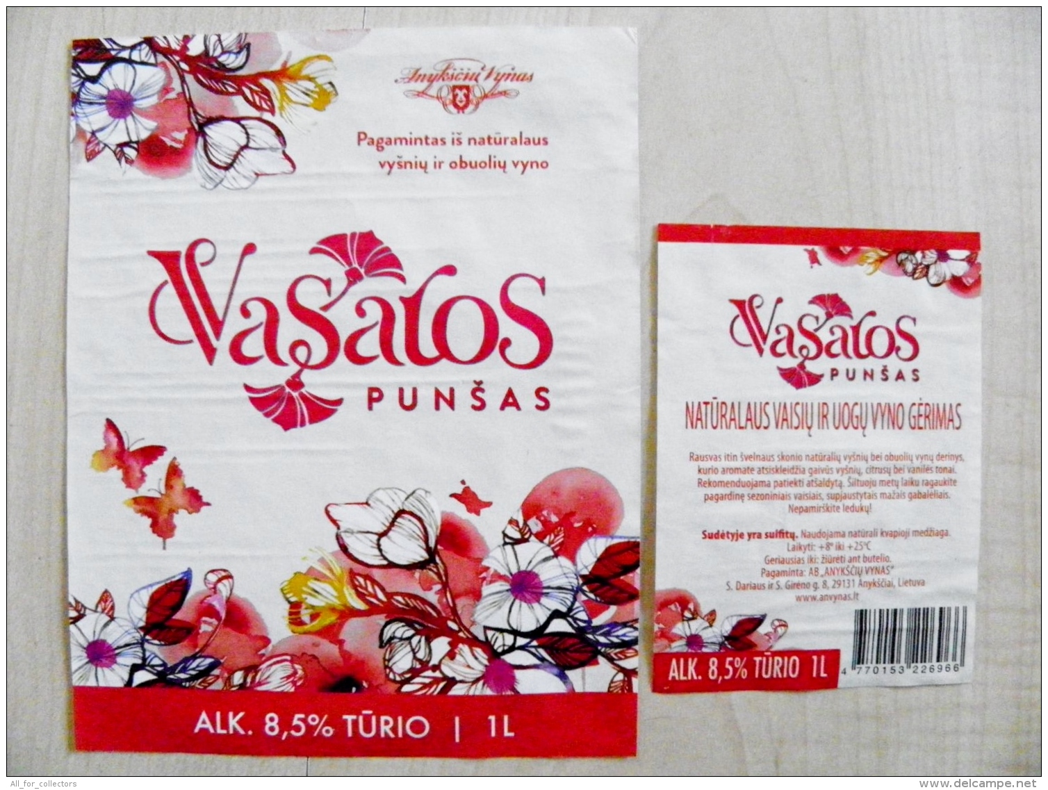 2 Wine Labels From Lithuania Animal Insect Butterflies Flowers Anyksciu Vynas Vasaros Punsas - Papillons